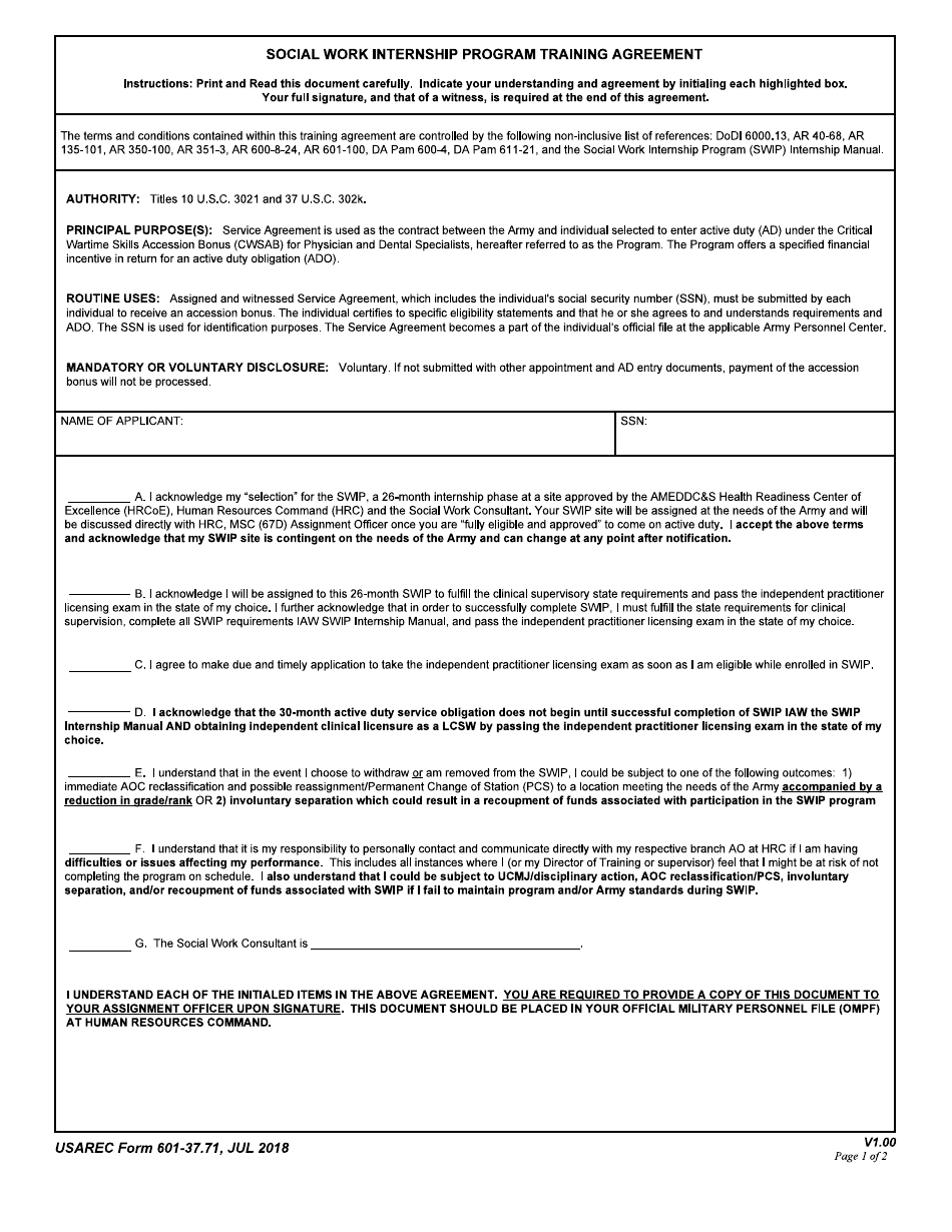 USAREC Form 601-37.71 Social Work Internship Program Training Agreement, Page 1
