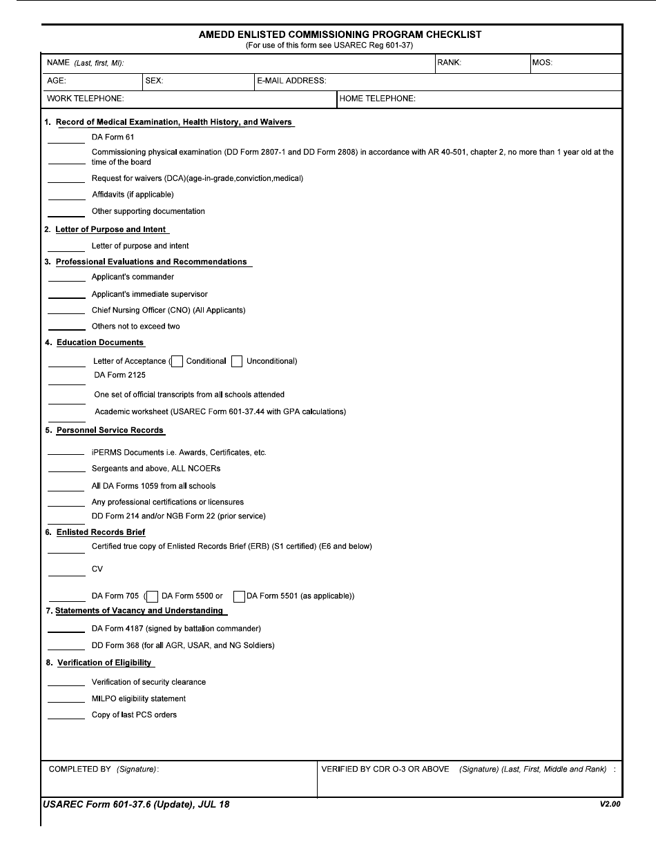 USAREC Form 601-37.6 Amedd Enlisted Commissioning Program Checklist, Page 1