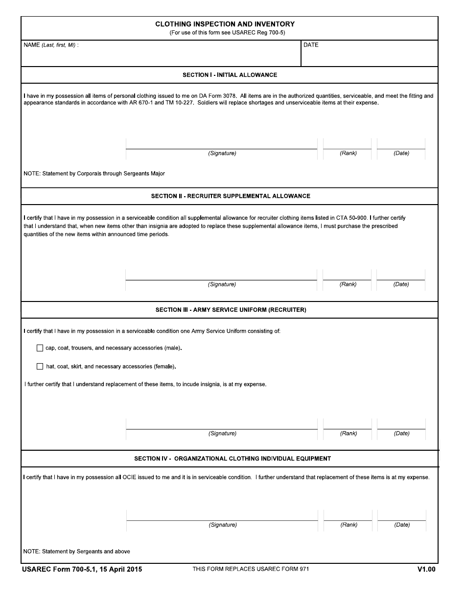 USAREC Form 700-5.1 Clothing Inspection and Inventory, Page 1