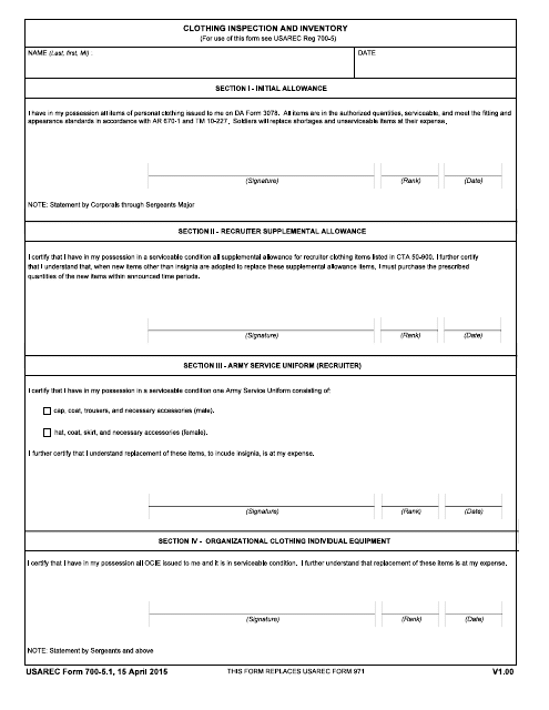 USAREC Form 700-5.1 Clothing Inspection and Inventory