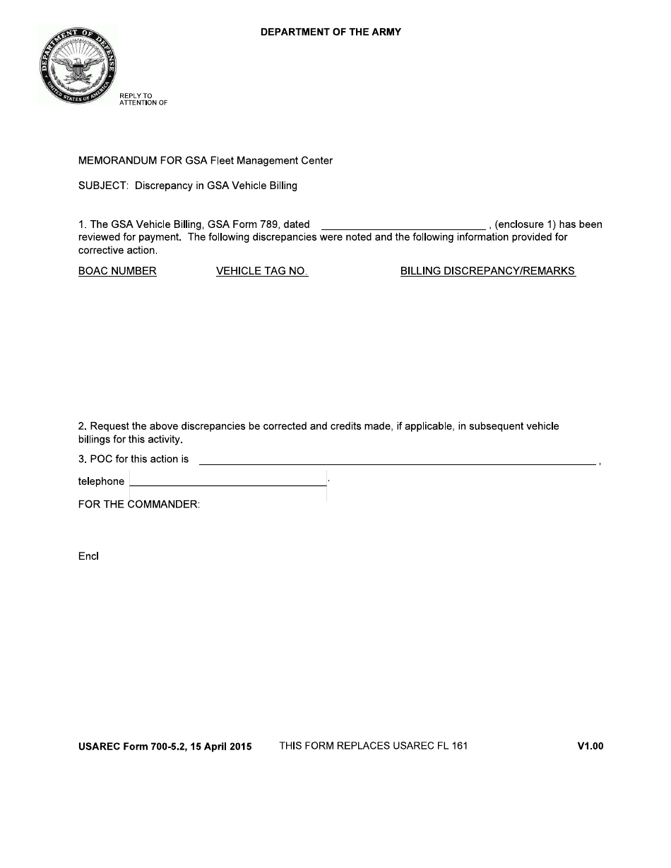 USAREC Form 700-5.2 Discrepancy in GSA Vehicle Billing, Page 1