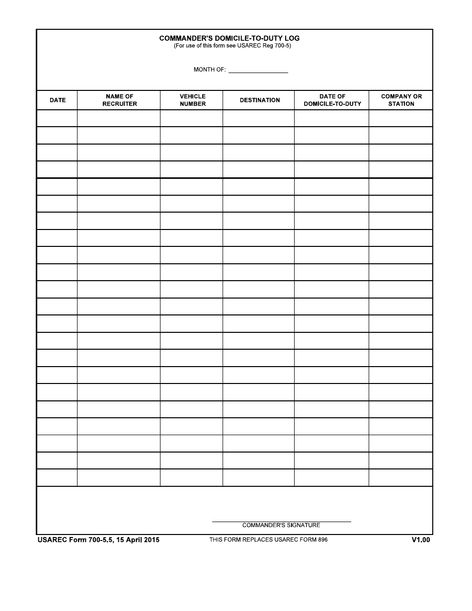USAREC Form 700-5.5 Commanders Domicile-To-Duty Log, Page 1