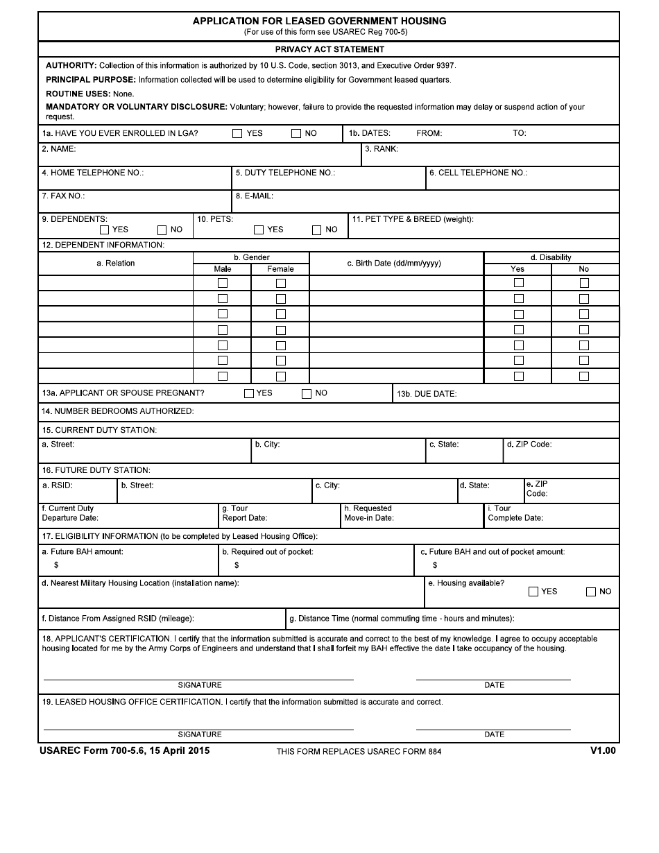 USAREC Form 700-5.6 Application for Leased Government Housing, Page 1