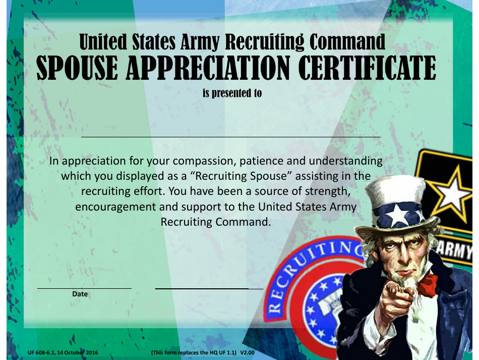 USAREC Form UF608-6-1 United States Army Recruiting Command Spouse Appreciation Certificate, Page 1