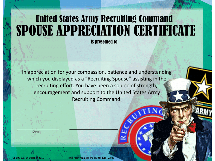 USAREC Form UF608-6-1 United States Army Recruiting Command Spouse Appreciation Certificate