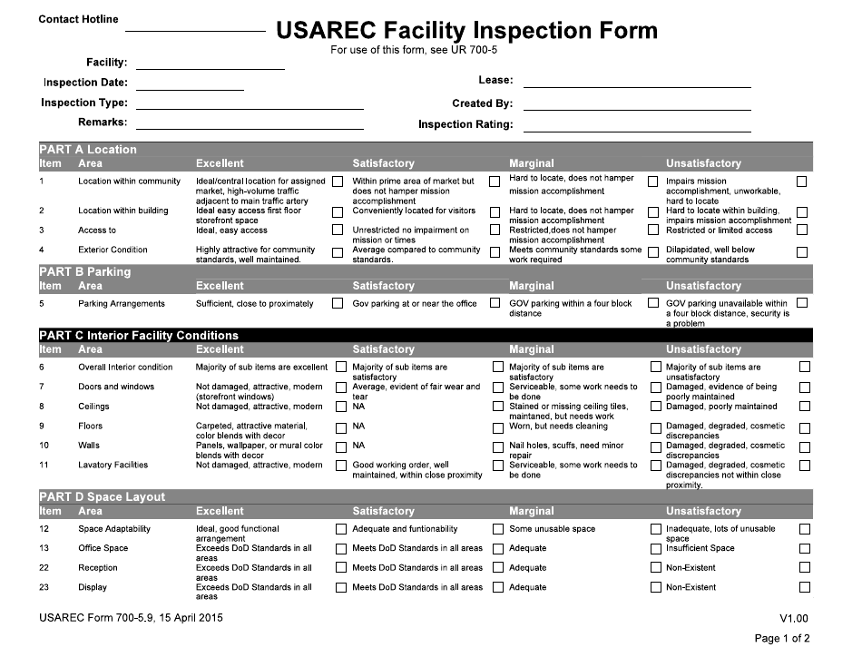 USAREC Form 700-5.9 USAREC Facility Inspection Form, Page 1