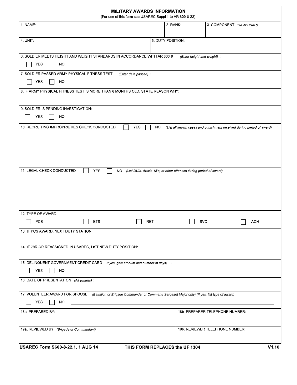 USAREC Form S600-8-22.1 Military Awards Information, Page 1