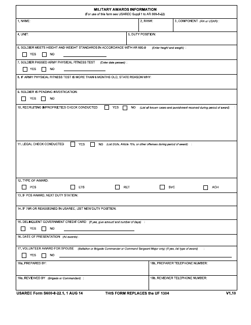 Usarec Form S600 8 22 1 Download Fillable Pdf Or Fill Online Military Awards Information Templateroller