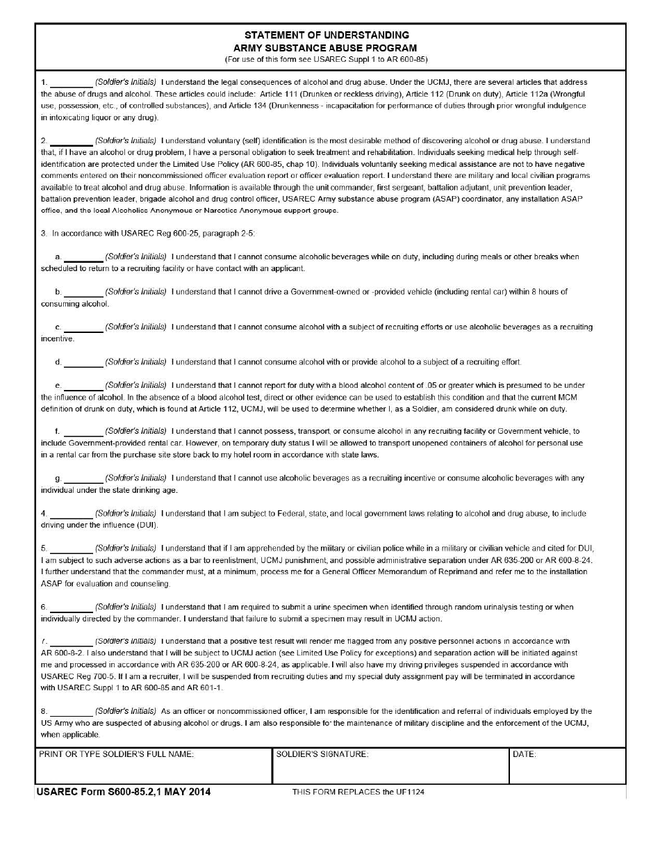 USAREC Form S600-85.2 Statement of Understanding - Army Substance Abuse Program, Page 1