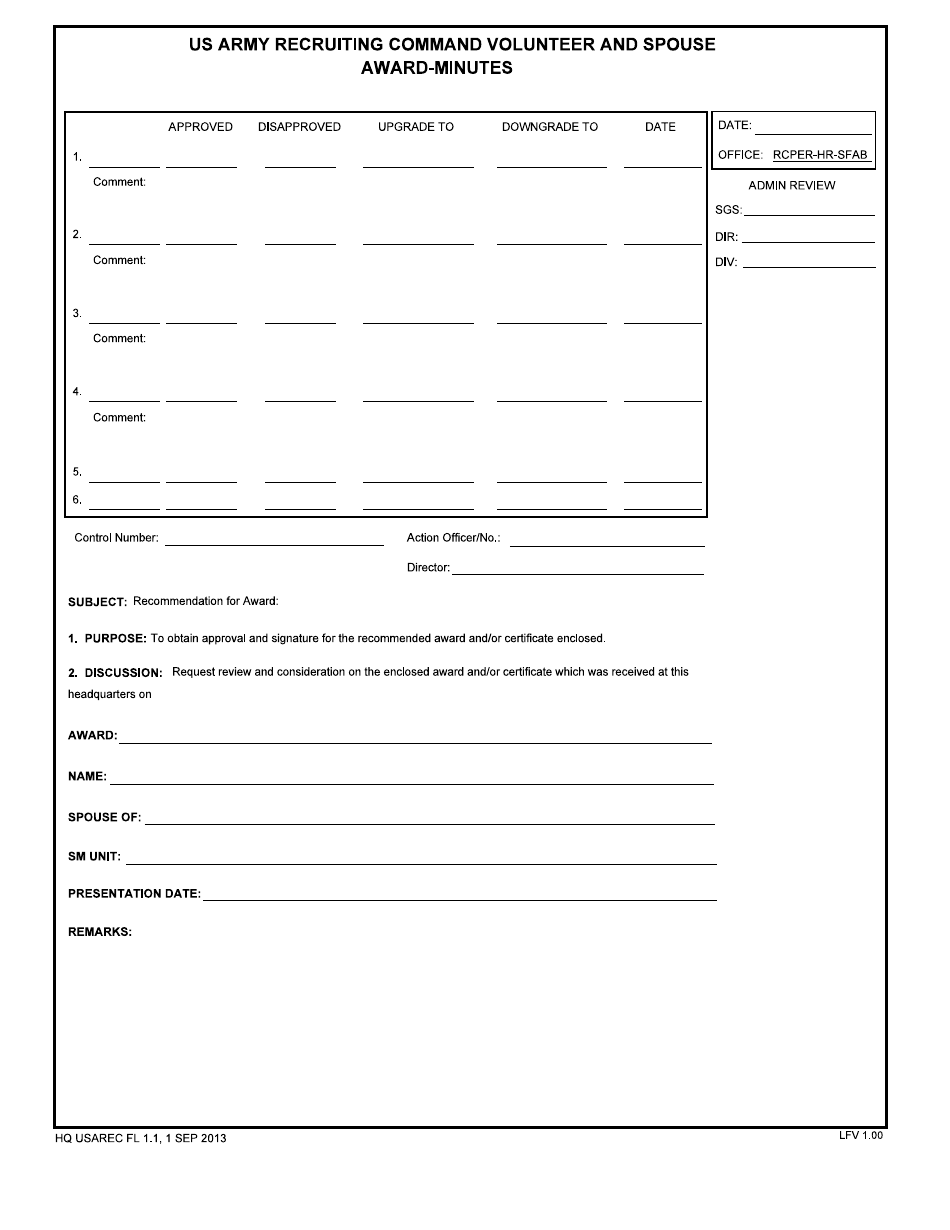 USAREC Form FL1.1 US Army Recruiting Command Volunteer and Spouse Awards-Minutes, Page 1