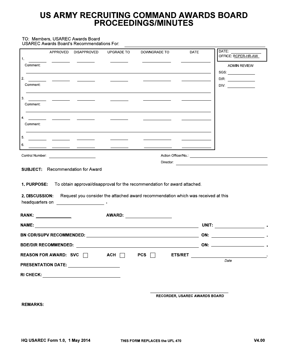 HQ USAREC Form 1.0 US Army Recruiting Command Awards Board Proceedings / Minutes, Page 1
