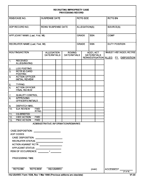 HQ USAREC Form 1528  Printable Pdf