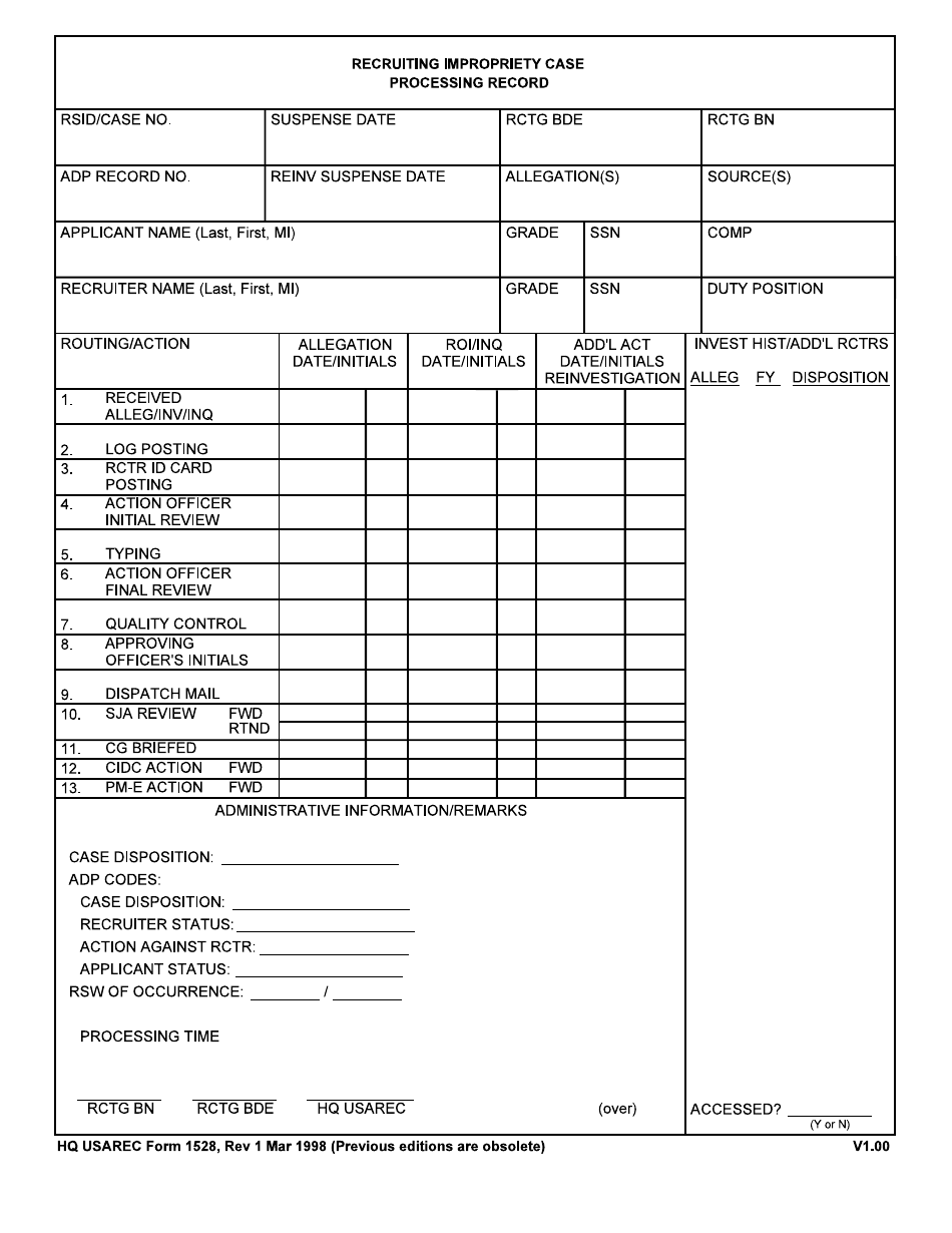 HQ USAREC Form 1528 Recruiting Impropriety Case Processing Record, Page 1