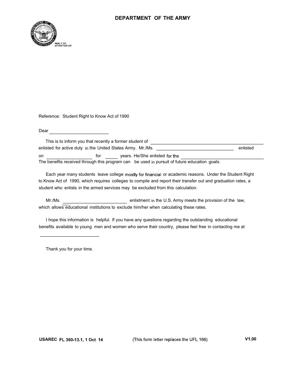 HQ USAREC Form FL350-13.1 Student Right to Know Act, Page 1