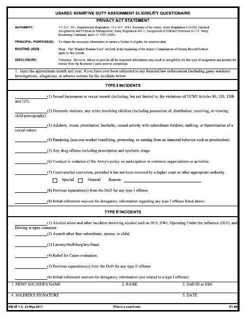 HQ USAREC Form 1.3 USAREC Sensitive Duty Assignment Eligibility Questionaire