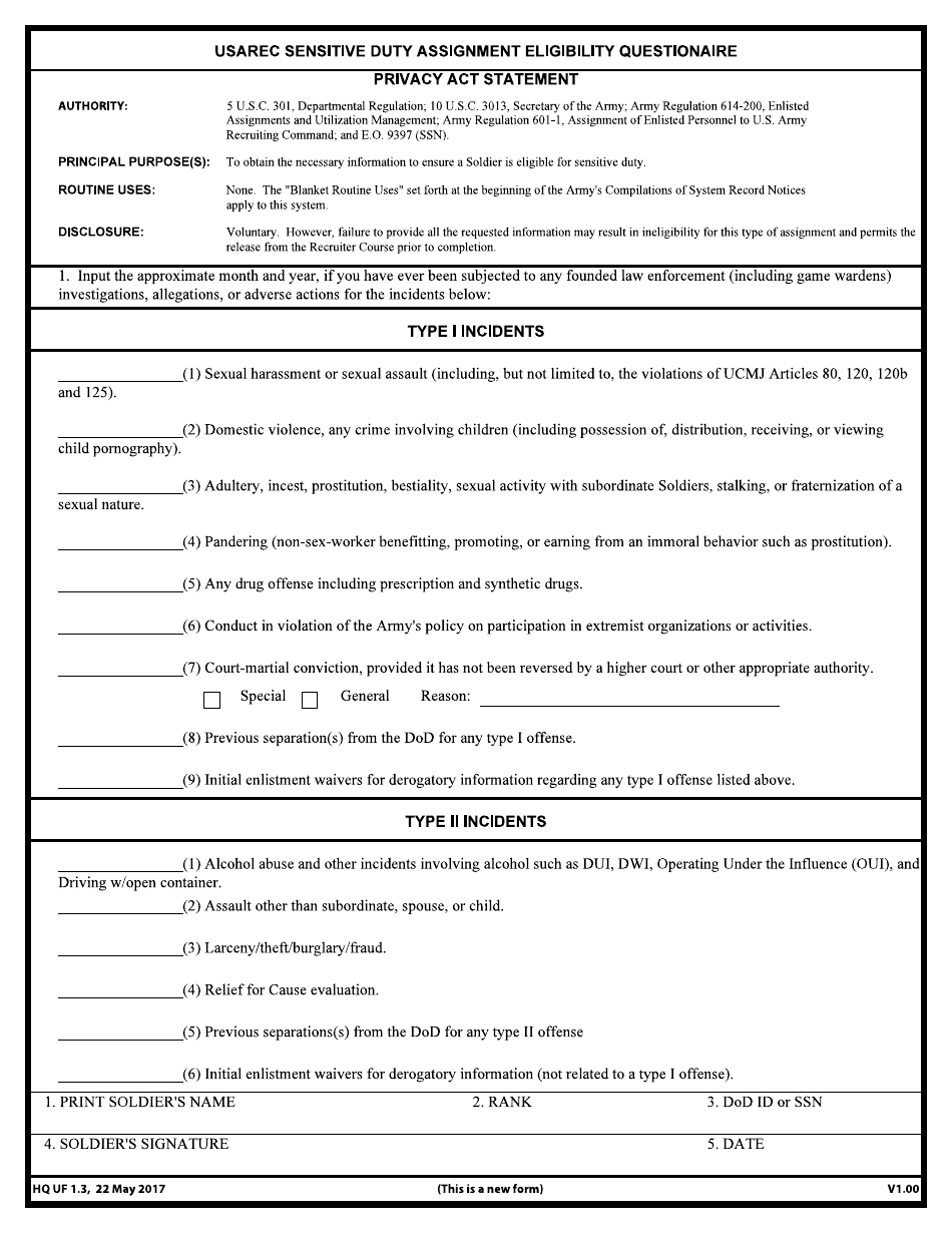 HQ USAREC Form 1.3 USAREC Sensitive Duty Assignment Eligibility Questionaire, Page 1