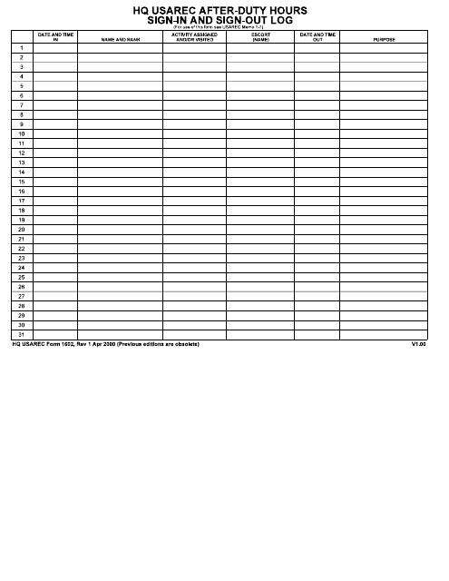 HQ USAREC Form 1602 HQ USAREC After-Duty Hours Sign-In and Sign-Out Log