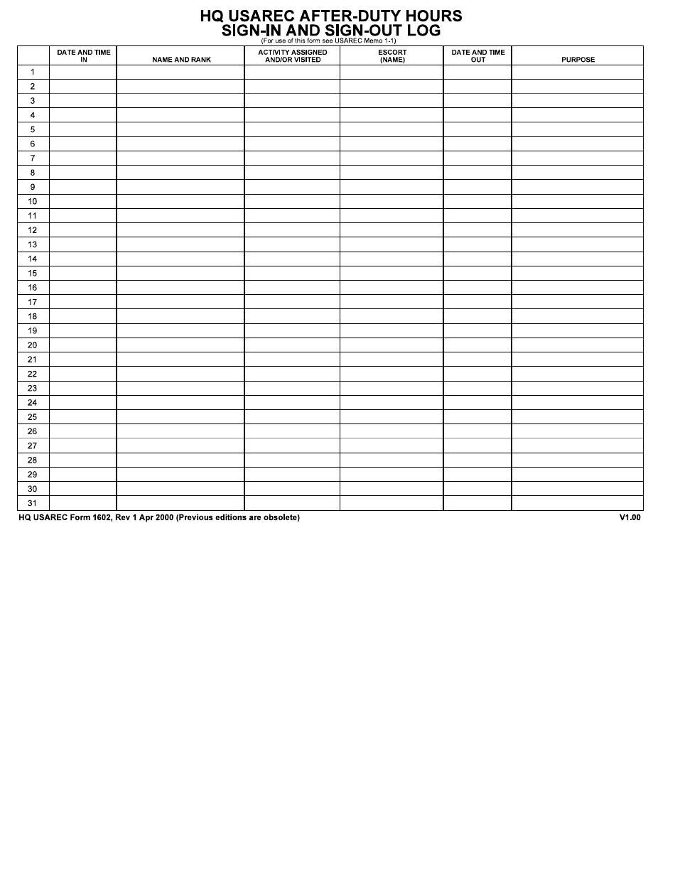 HQ USAREC Form 1602 HQ USAREC After-Duty Hours Sign-In and Sign-Out Log, Page 1