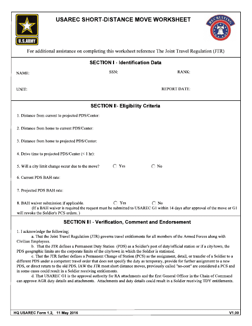 HQ USAREC Form 1.2 USAREC Short-Distance Move Worksheet