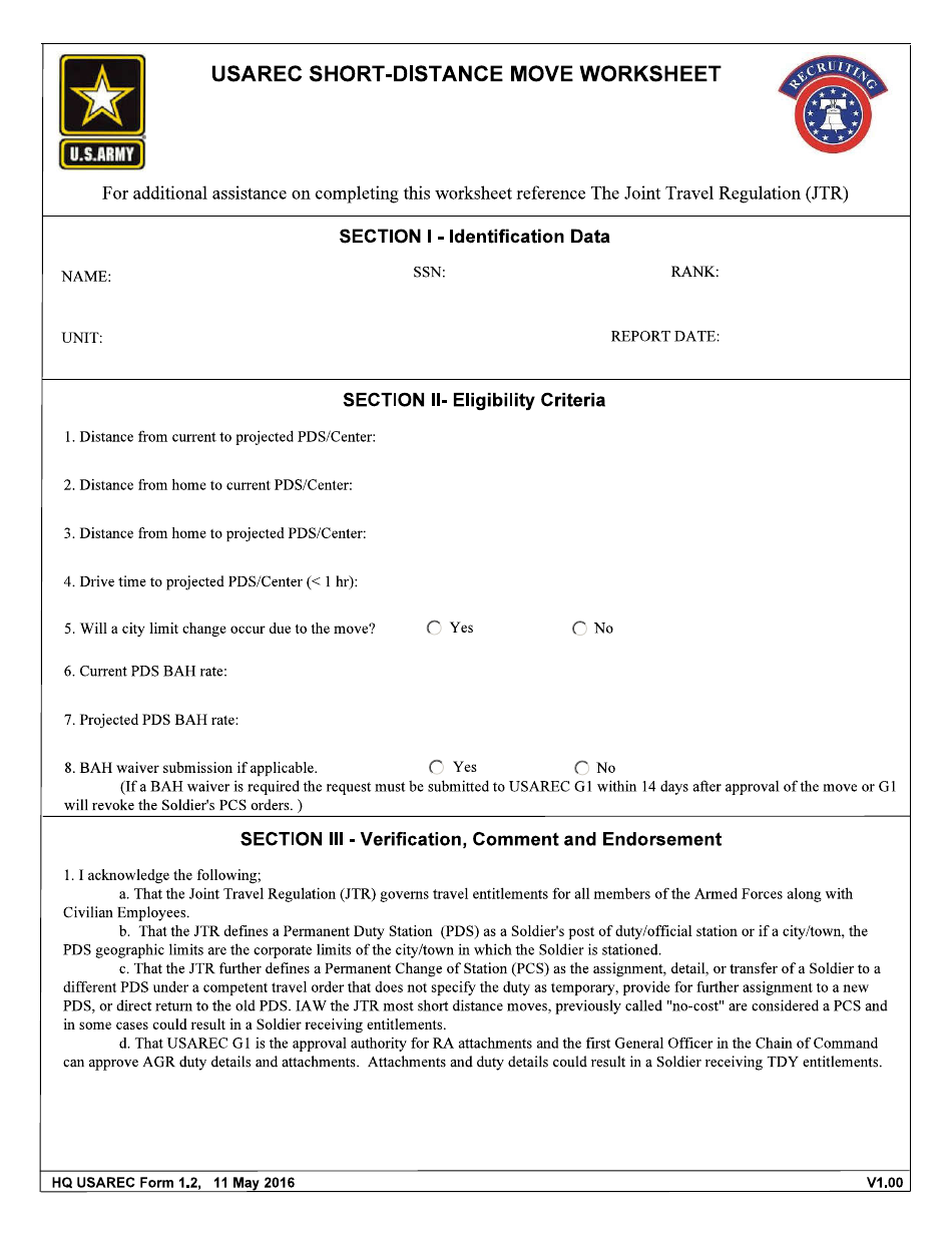 HQ USAREC Form 1.2 USAREC Short-Distance Move Worksheet, Page 1