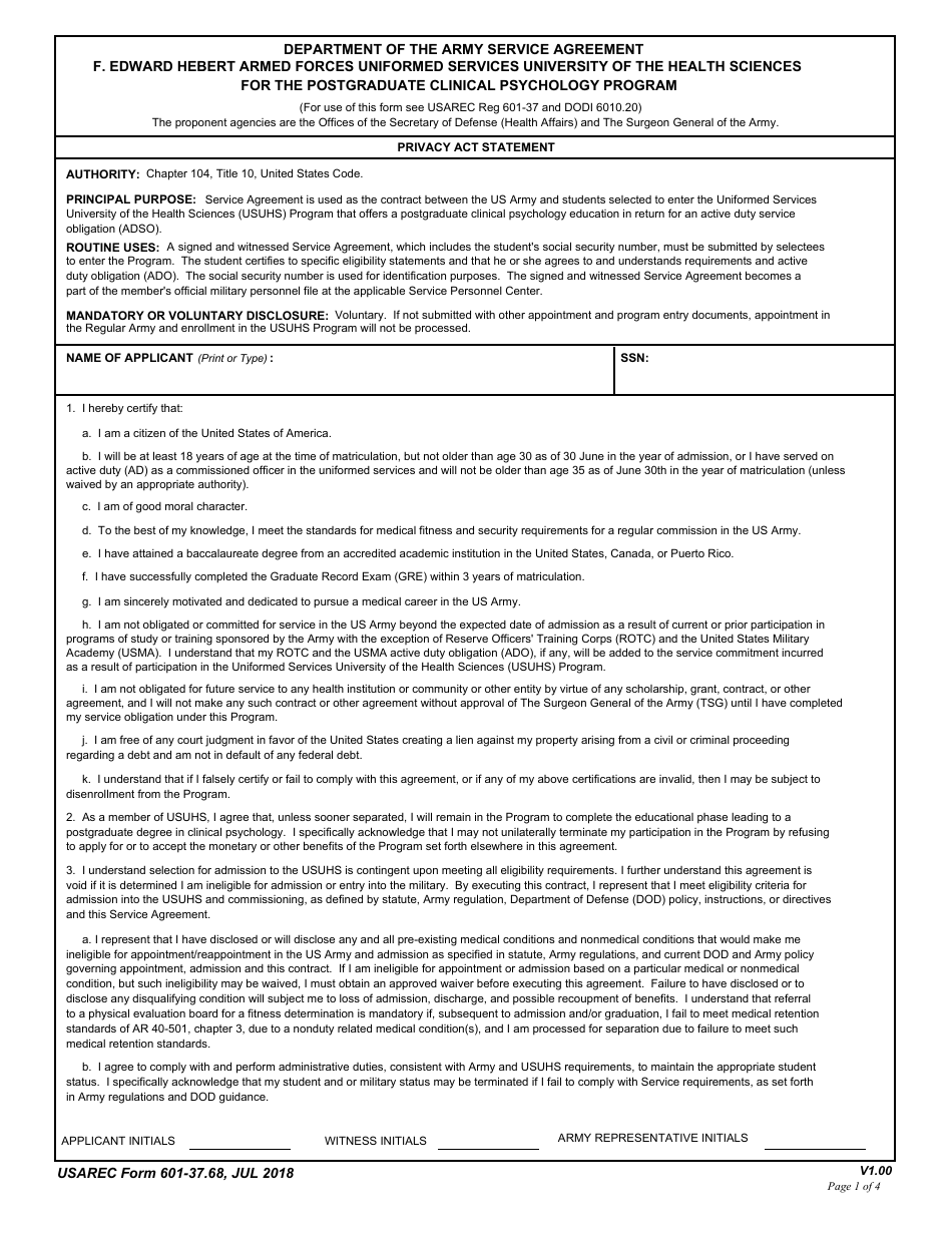 USAREC Form 601-37.68 Department of the Army Service Agreement F. Edward Hebert Armed Forces Uniformed Services University of the Health Sciences for the Postgraduate Clinical Psychology Program, Page 1