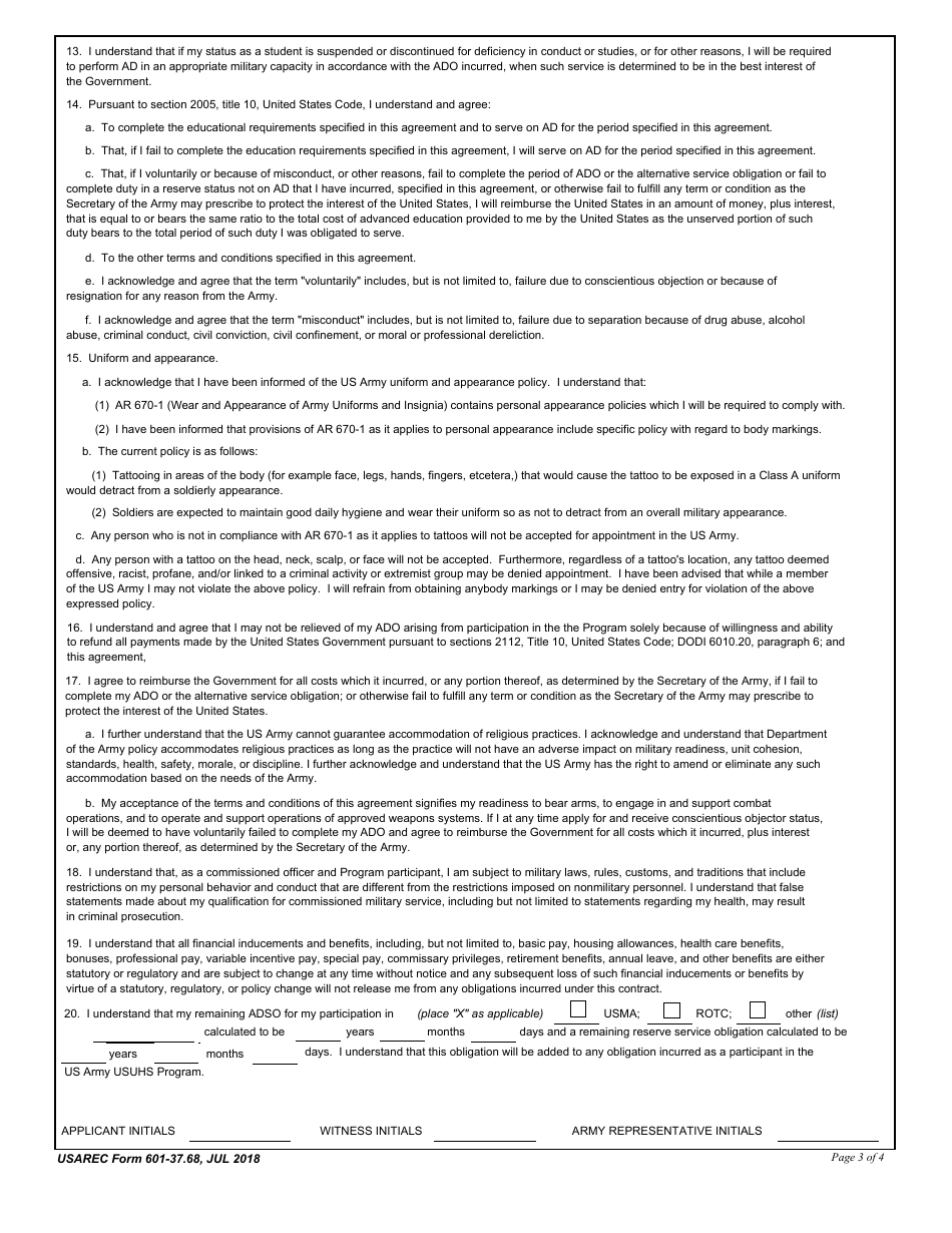 USAREC Form 601-37.68 Department of the Army Service Agreement F. Edward Hebert Armed Forces Uniformed Services University of the Health Sciences for the Postgraduate Clinical Psychology Program, Page 3