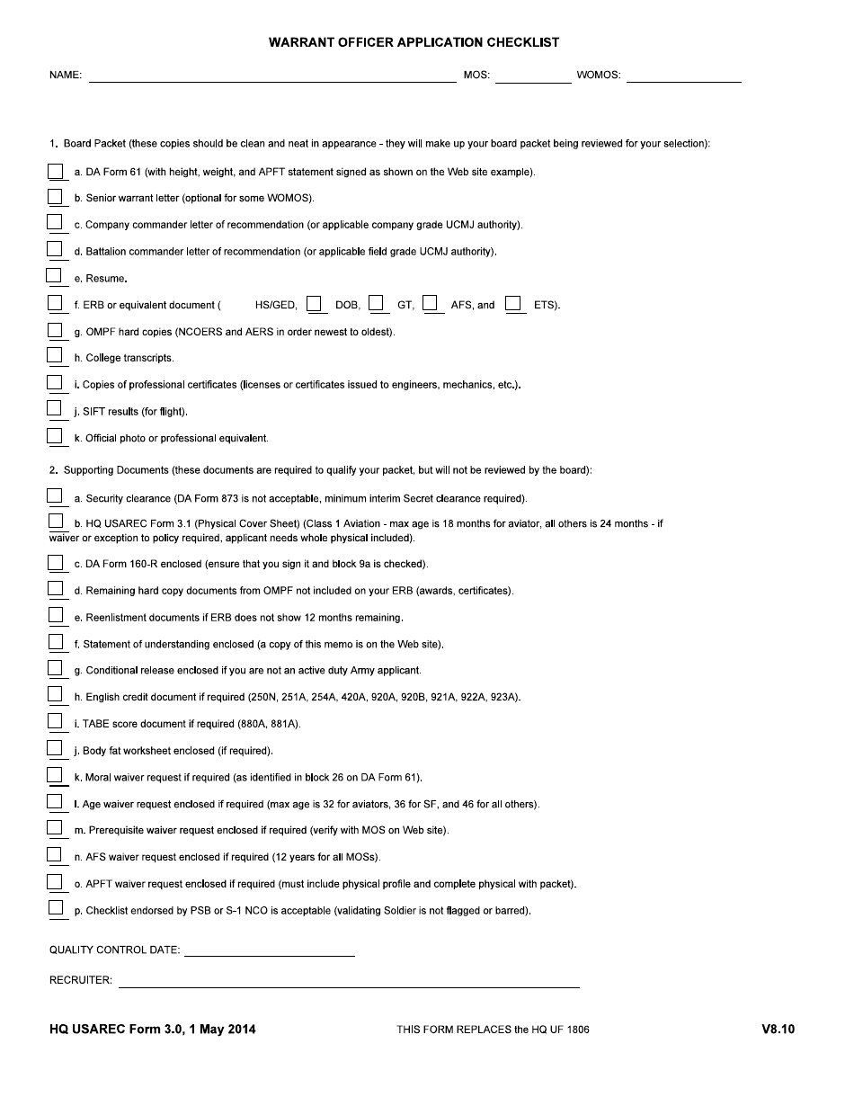 HQ USAREC Form 3.0 Warrant Officer Application Checklist, Page 1