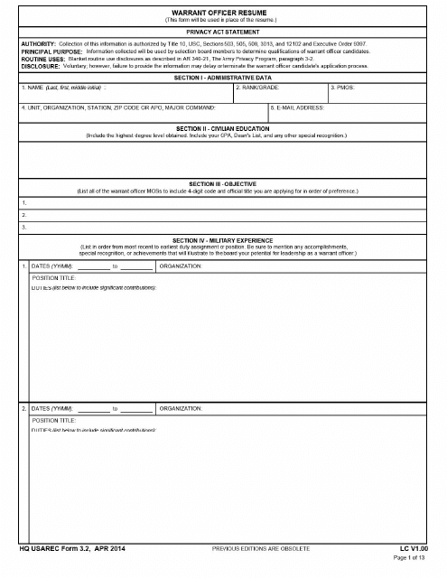HQ USAREC Form 3.2 Warrant Officer Resume