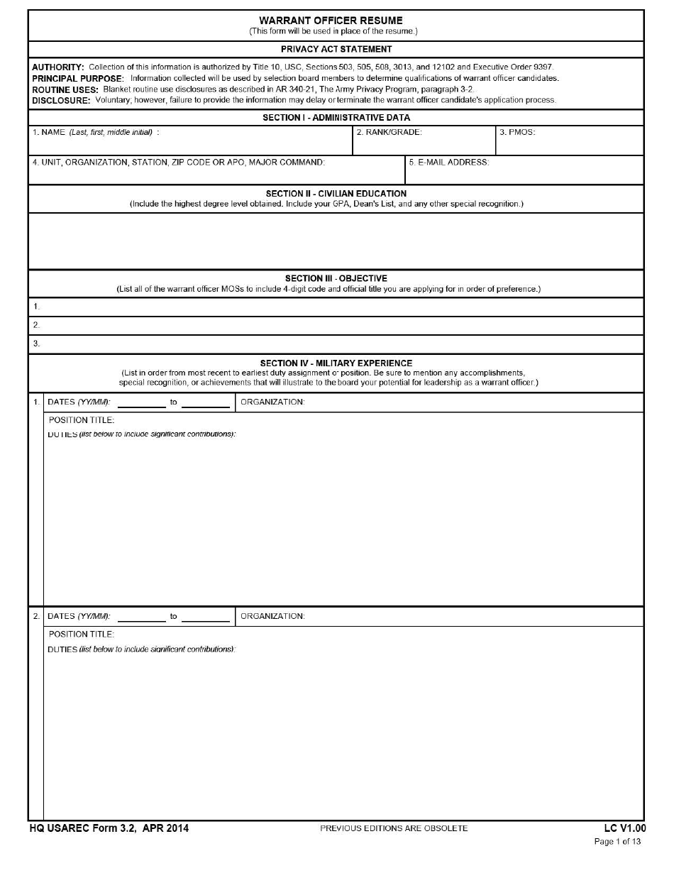 HQ USAREC Form 3.2 Warrant Officer Resume, Page 1