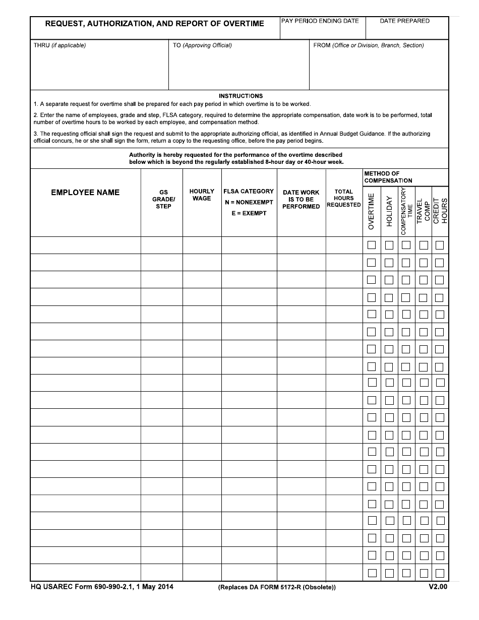 HQ USAREC Form 690-990-2.1 Request, Authorization, and Report of Overtime, Page 1