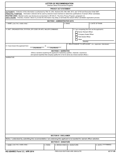 USAREC Form 3.3 Letter of Recommendation