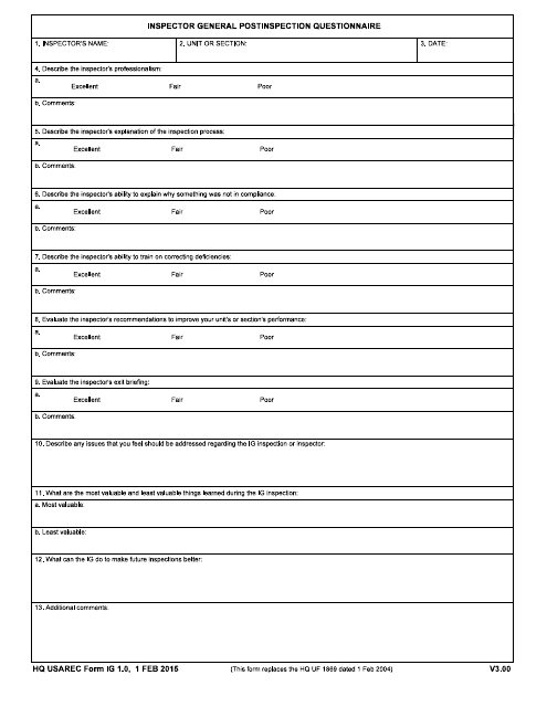 HQ USAREC Form IG1.0 Inspector General Postinspection Questionnaire
