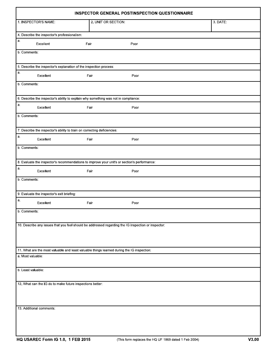 HQ USAREC Form IG1.0 Inspector General Postinspection Questionnaire, Page 1