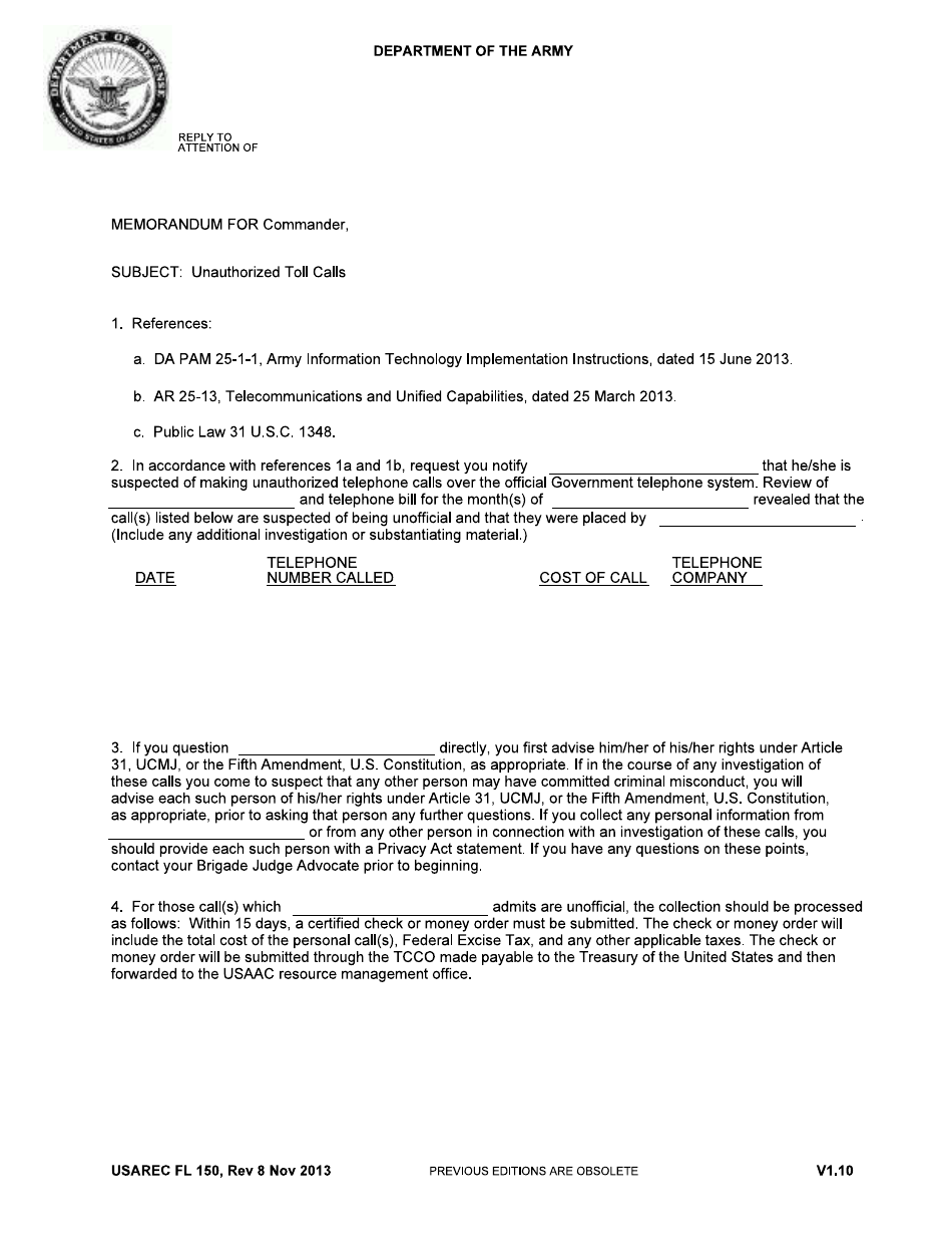 HQ USAREC Form FL150 Unauthorized Toll Calls, Page 1
