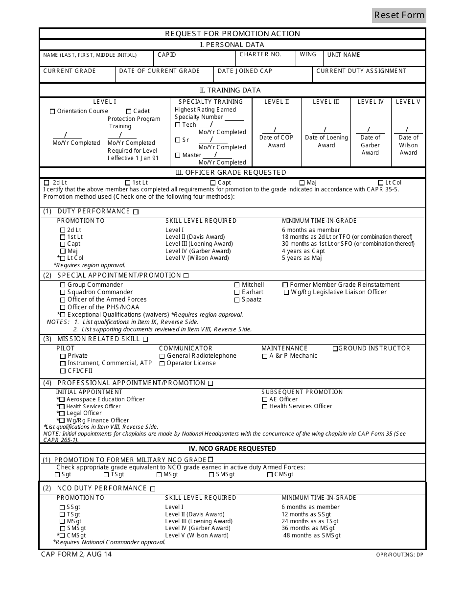 CAP Form 2 Request for Promotion Action, Page 1