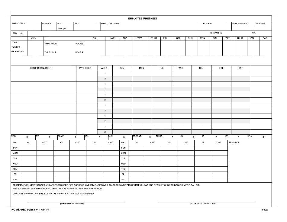 HQ USAREC Form 8.0 Employee Time Sheet, Page 1