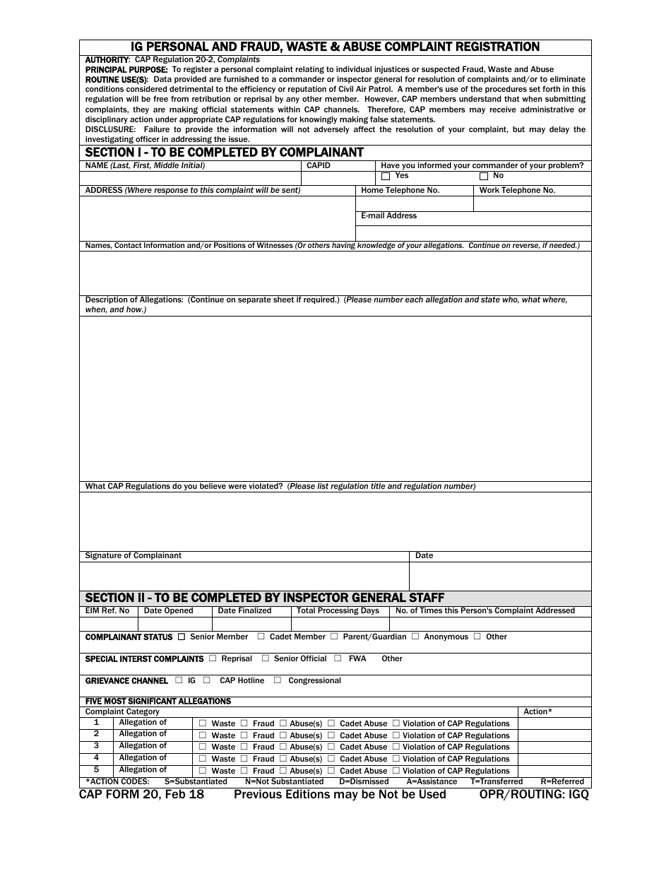 CAP Form 20 Ig Personal and Fraud, Waste  Abuse Complaint Registration, Page 1