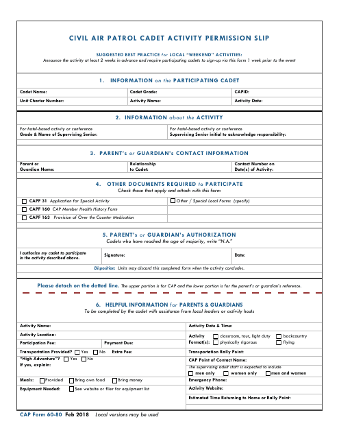 CAP Form 60-80 Civil Air Patrol Cadet Activity Permission Slip