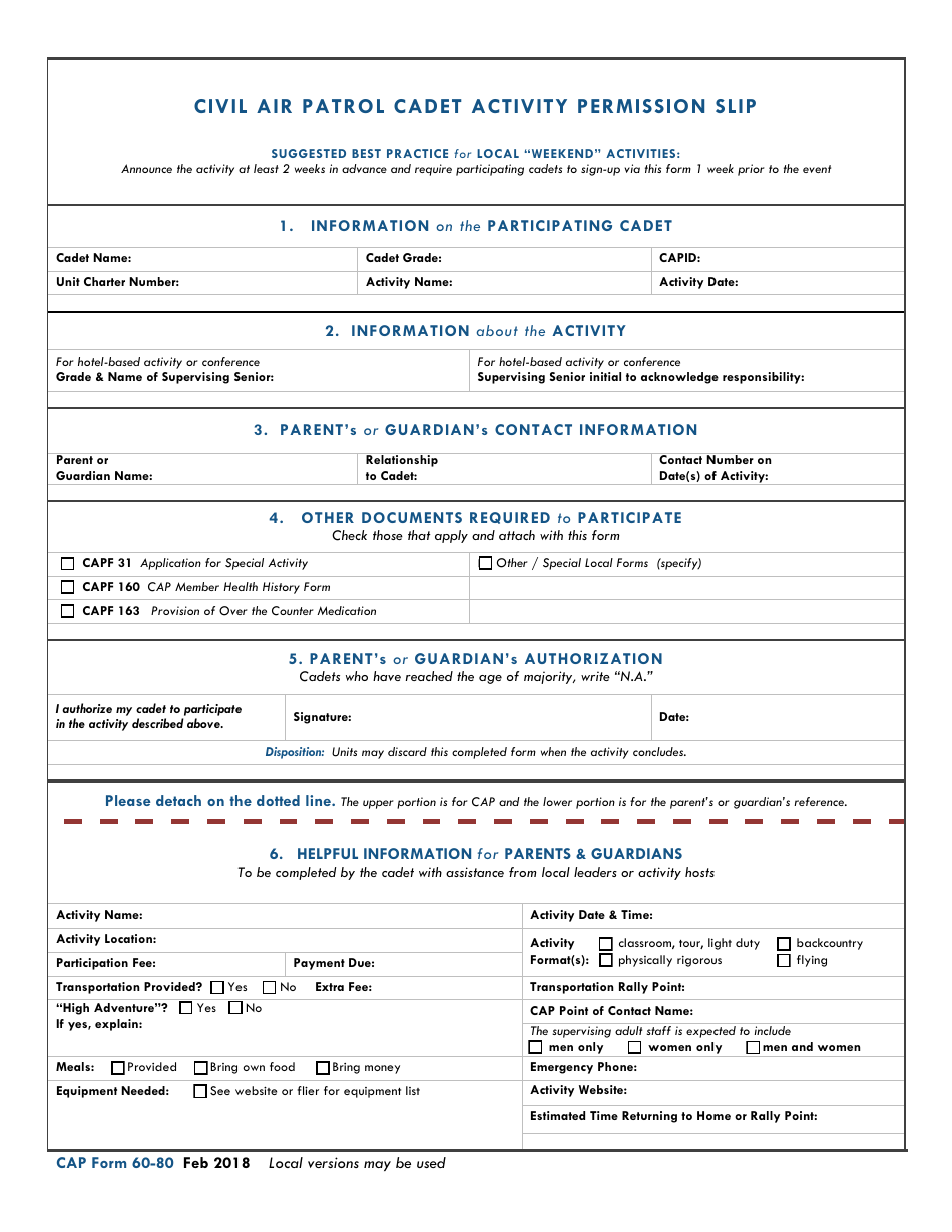 CAP Form 60-80 Civil Air Patrol Cadet Activity Permission Slip, Page 1