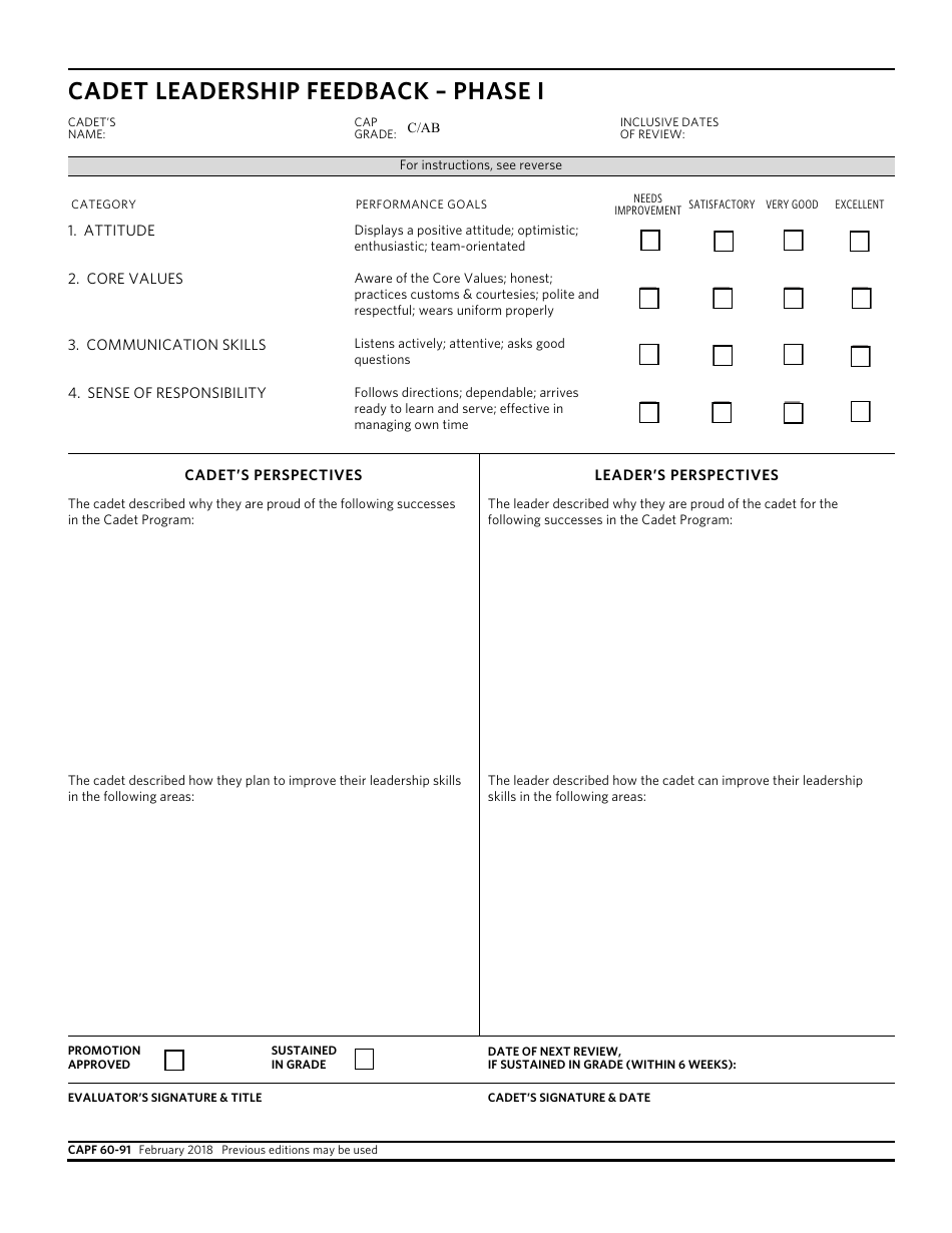 CAP Form 60-91 Cadet Leadership Feedback - Phase I, Page 1