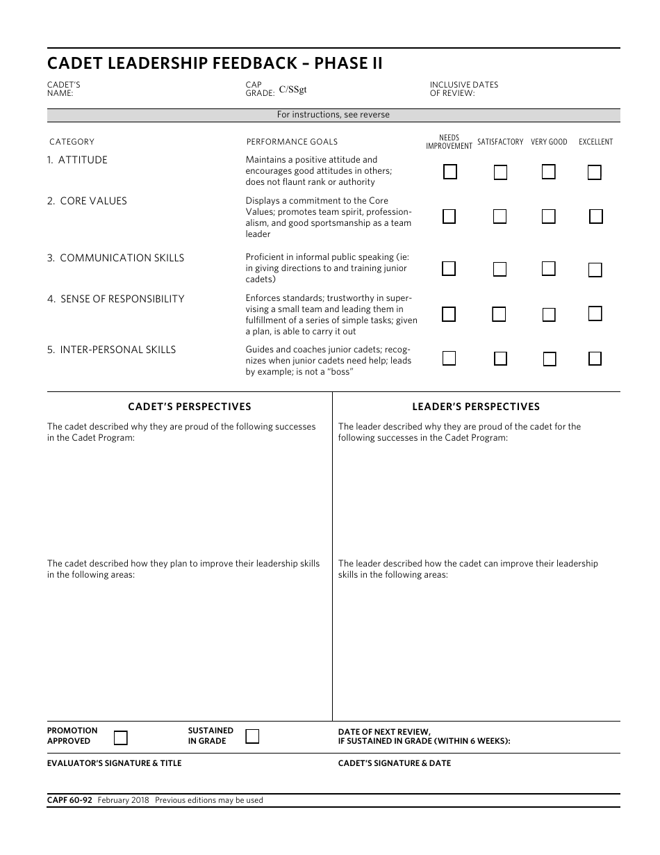 CAP Form 60-92 Cadet Leadership Feedback - Phase Ii, Page 1