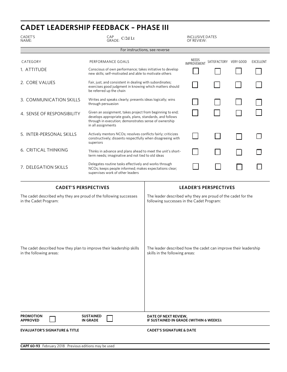 CAP Form 60-93 Cadet Leadership Feedback - Phase Iii, Page 1