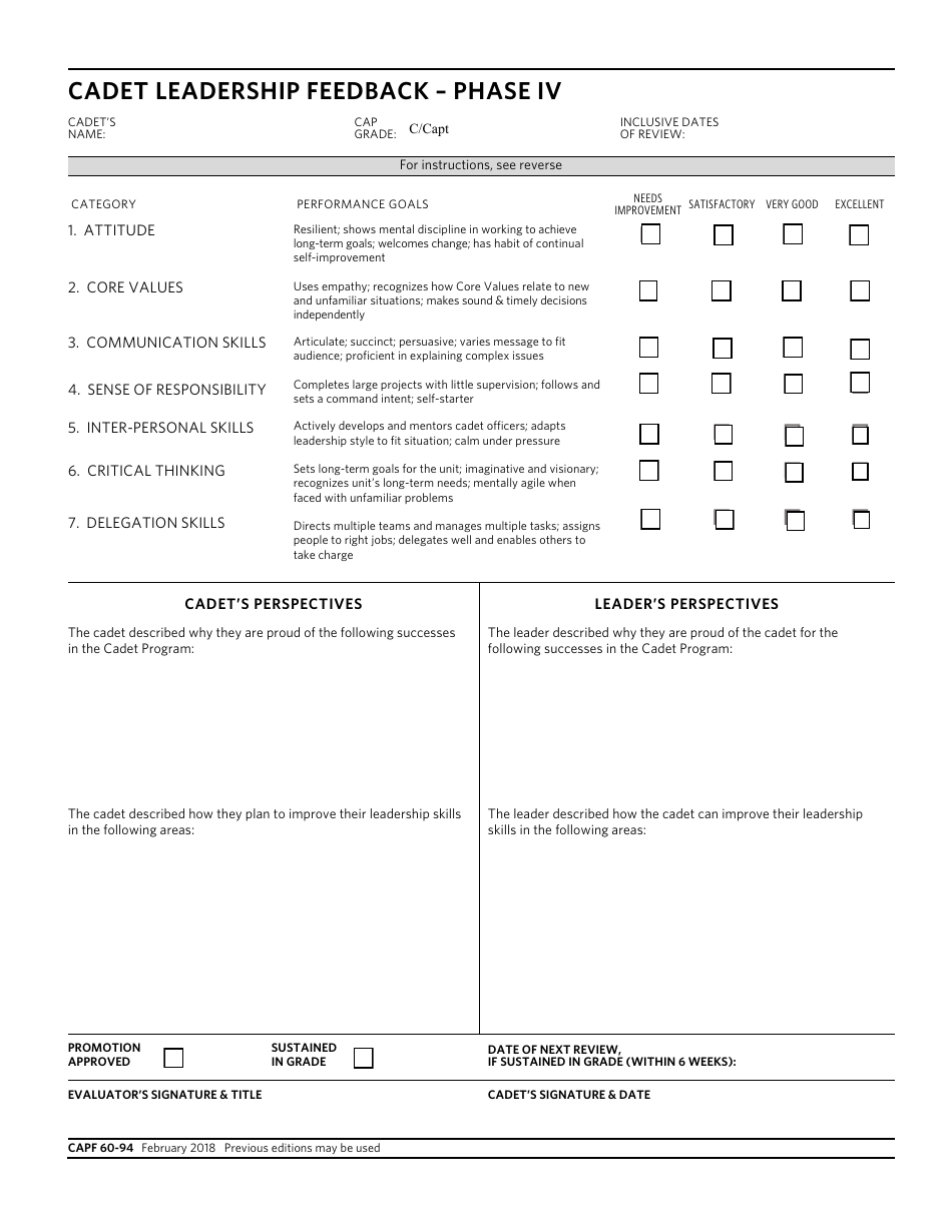 CAP Form 60-94 Cadet Leadership Feedback - Phase Iv, Page 1