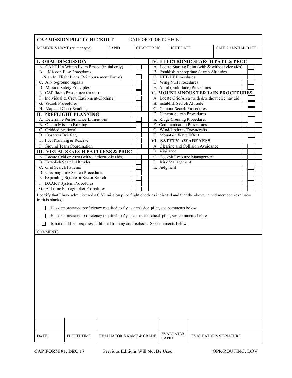 CAP Form 91 CAP Mission Pilot Checkout, Page 1