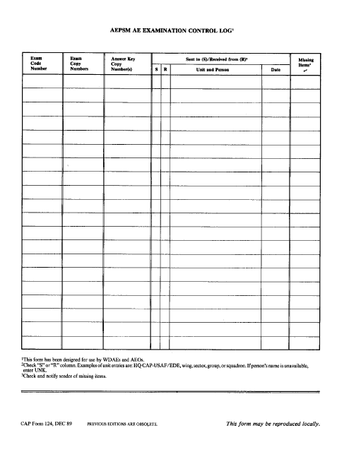 CAP Form 124 Aepsm AE Examination Control Log