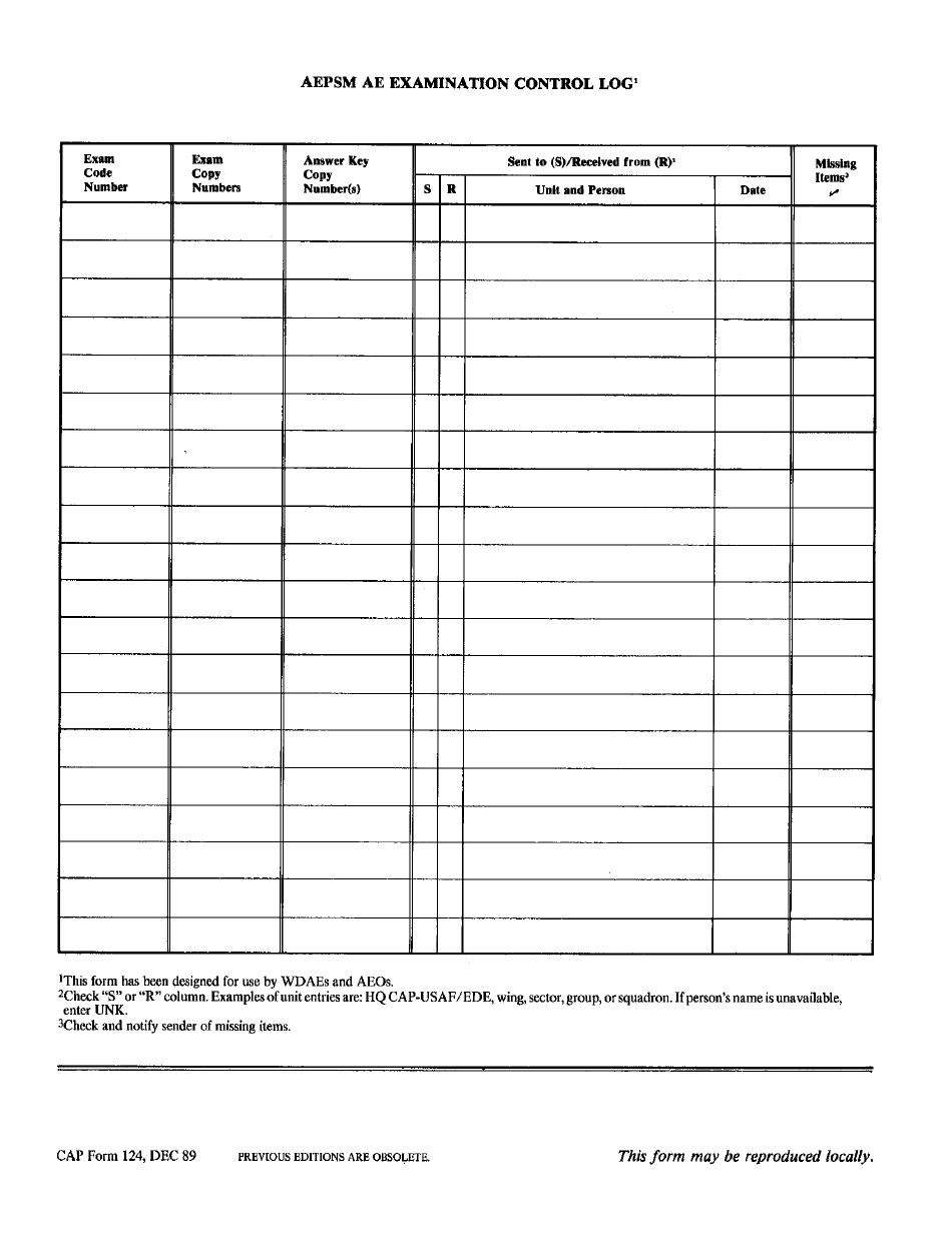 CAP Form 124 Aepsm AE Examination Control Log, Page 1