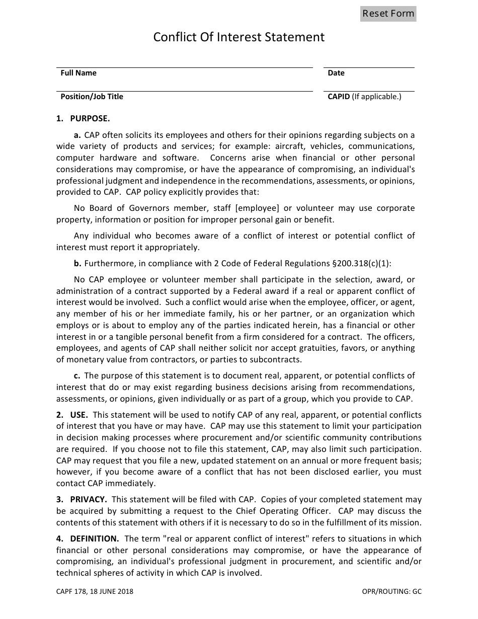 CAP Form 178 Conflict of Interest Statement, Page 1