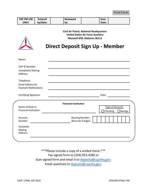 CAP Form 179M Direct Deposit Sign up - Member