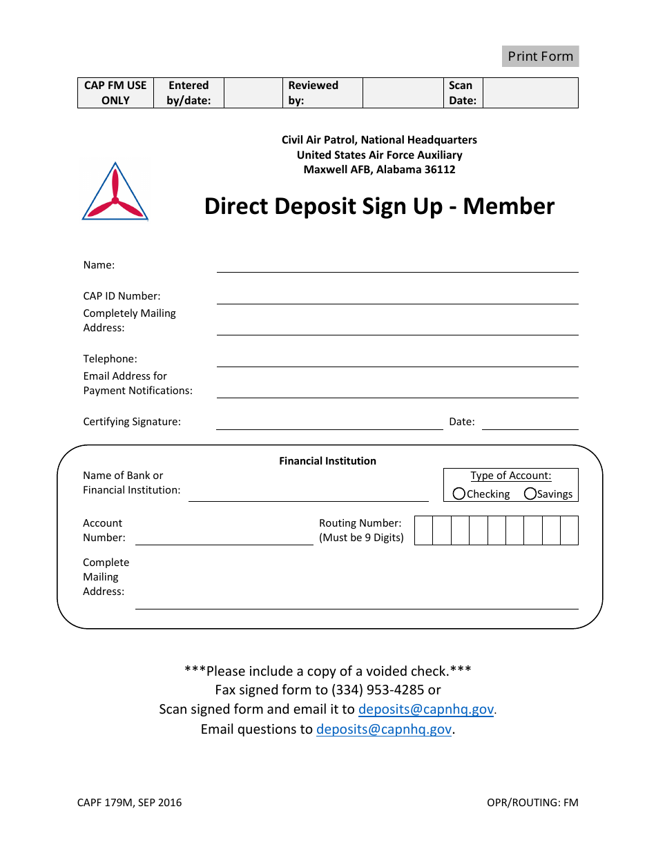 CAP Form 179M Direct Deposit Sign up - Member, Page 1