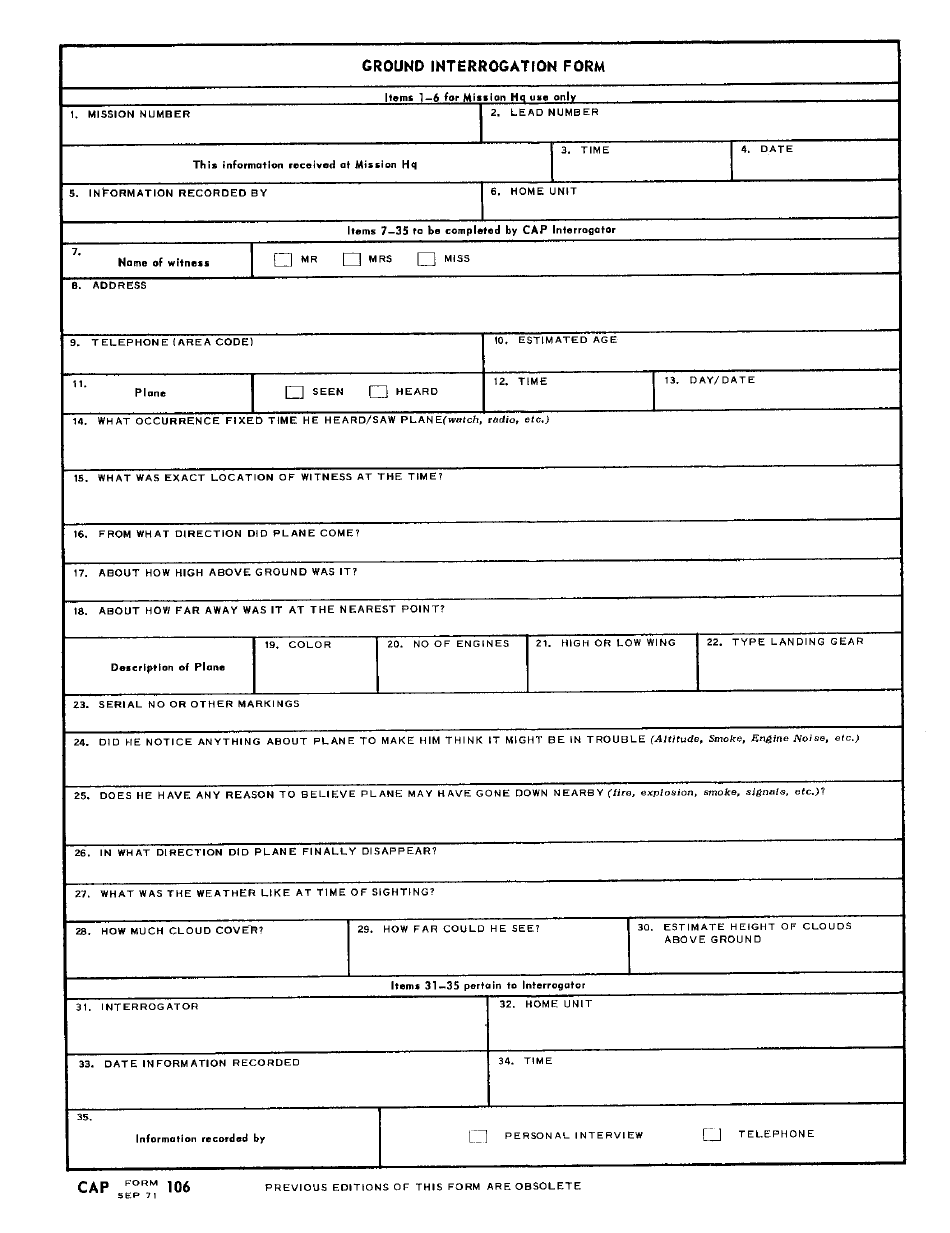 CAP Form 106 Ground Interrogation Form, Page 1